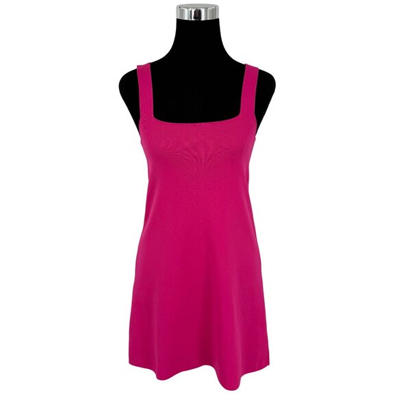 NWT Zara Hot Pink Knit Square Neck Ribbed A-Line Bodycon Barbiecore Mini Dress S - Picture 2 of 16